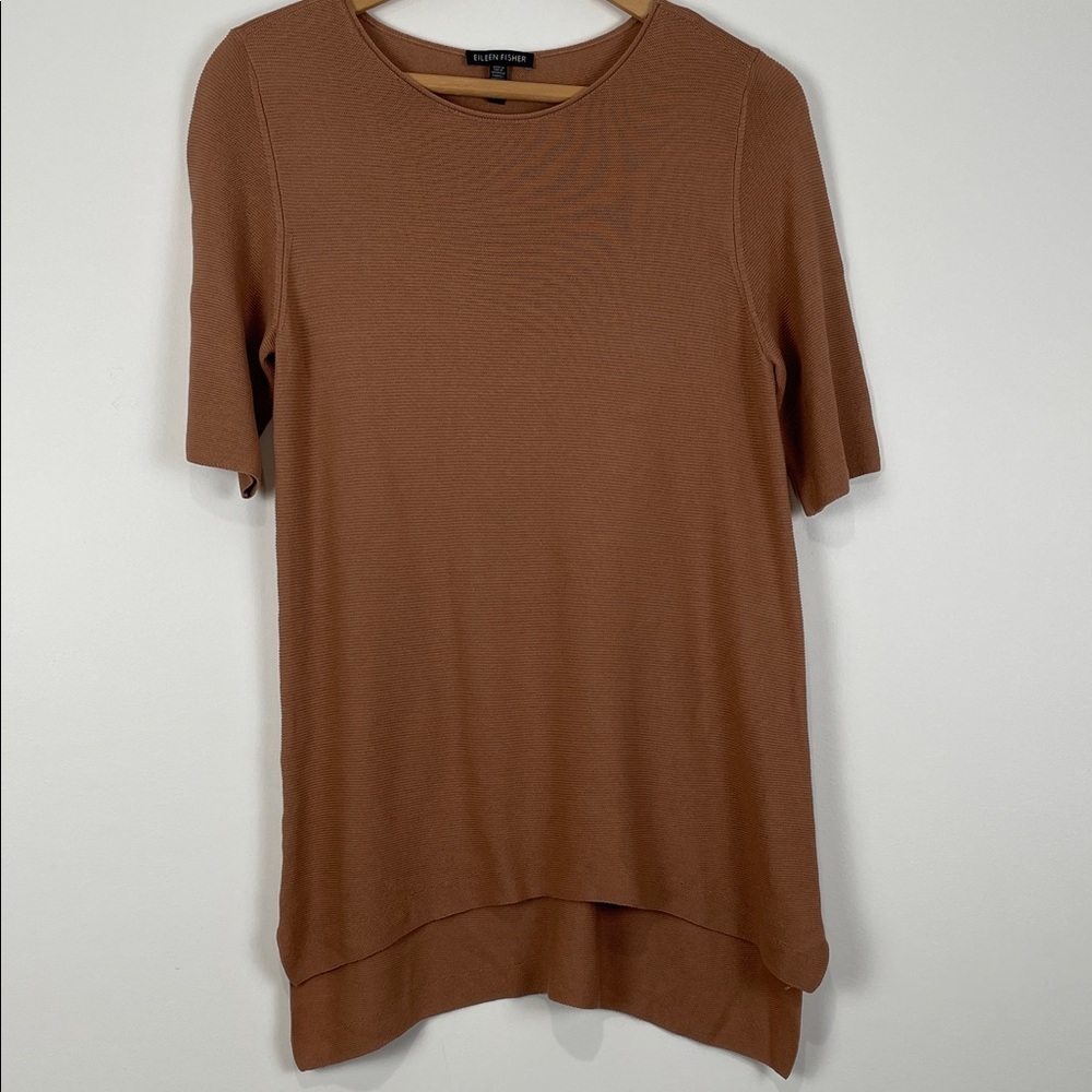 Eileen Fisher Rich Brown Short Sleeve Knit Top Tunic Elbow High Low Hem Minimal